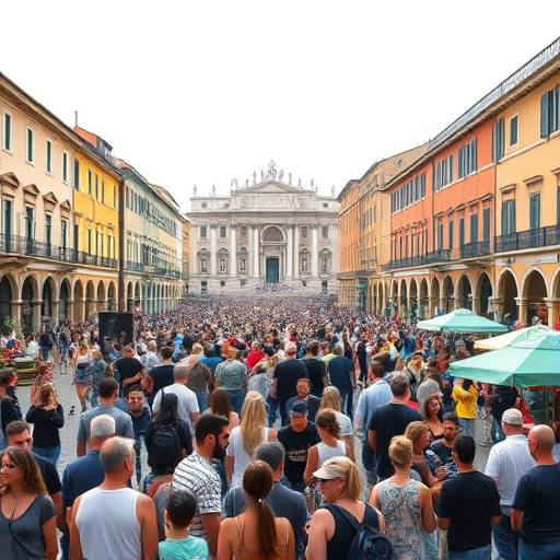 Affollata piazza italiana con turisti che scattano fotografie, simbolo del boom del settore turistico.