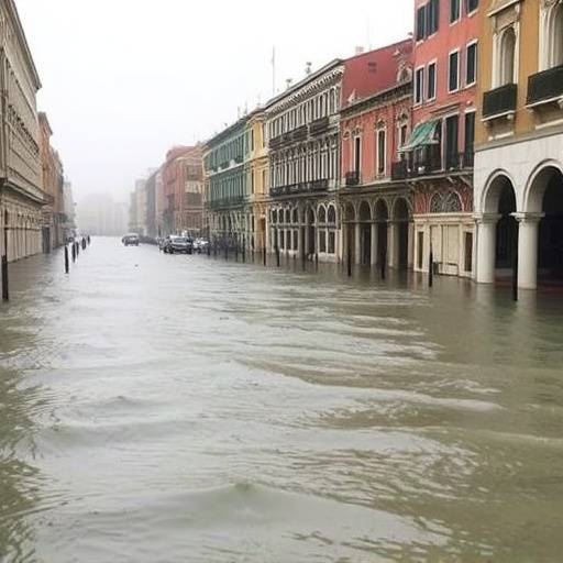 Fotografia di strade allagate a Venezia, durante un'alta marea eccezionale
