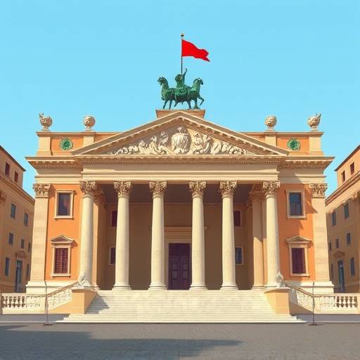 Immagine stilizzata del Palazzo di Giustizia di Roma, durante una manifestazione