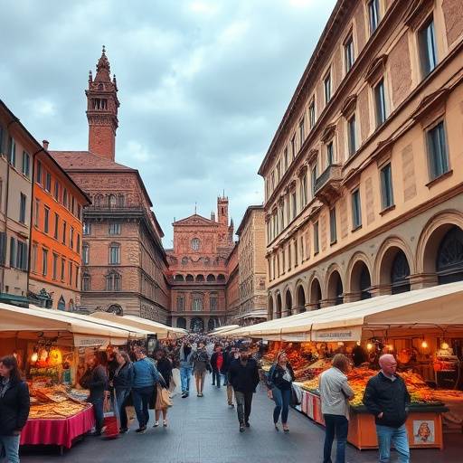 Piazza Maggiore a Bologna durante un mercato